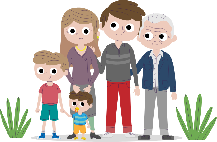 Illustration of a family: two children, parents and a grandparent